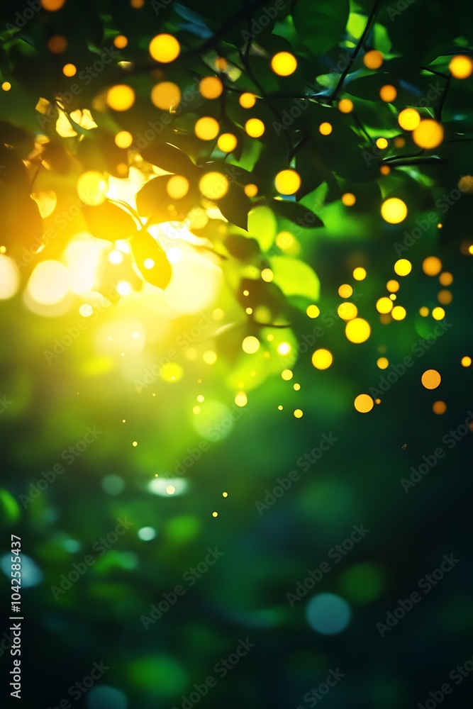 Poster a serene scene depicting sunlight filtering through leaves, creating a magical ambiance with glimmer
