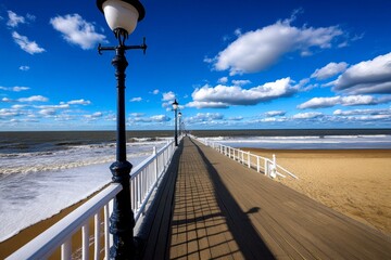 Retro depiction of Scheveningen Pier, with nostalgic colors and old-fashioned design elements highlighting the beachside charm