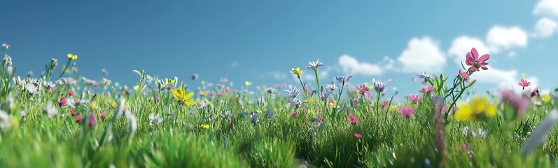 A vibrant field of colorful wildflowers under a bright blue sky, creating a serene and picturesque natural landscape.