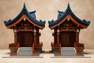Fototapeta premium Retro depiction of the gardenâ€™s pavilions, with nostalgic colors and old-fashioned illustrations of traditional Chinese architecture