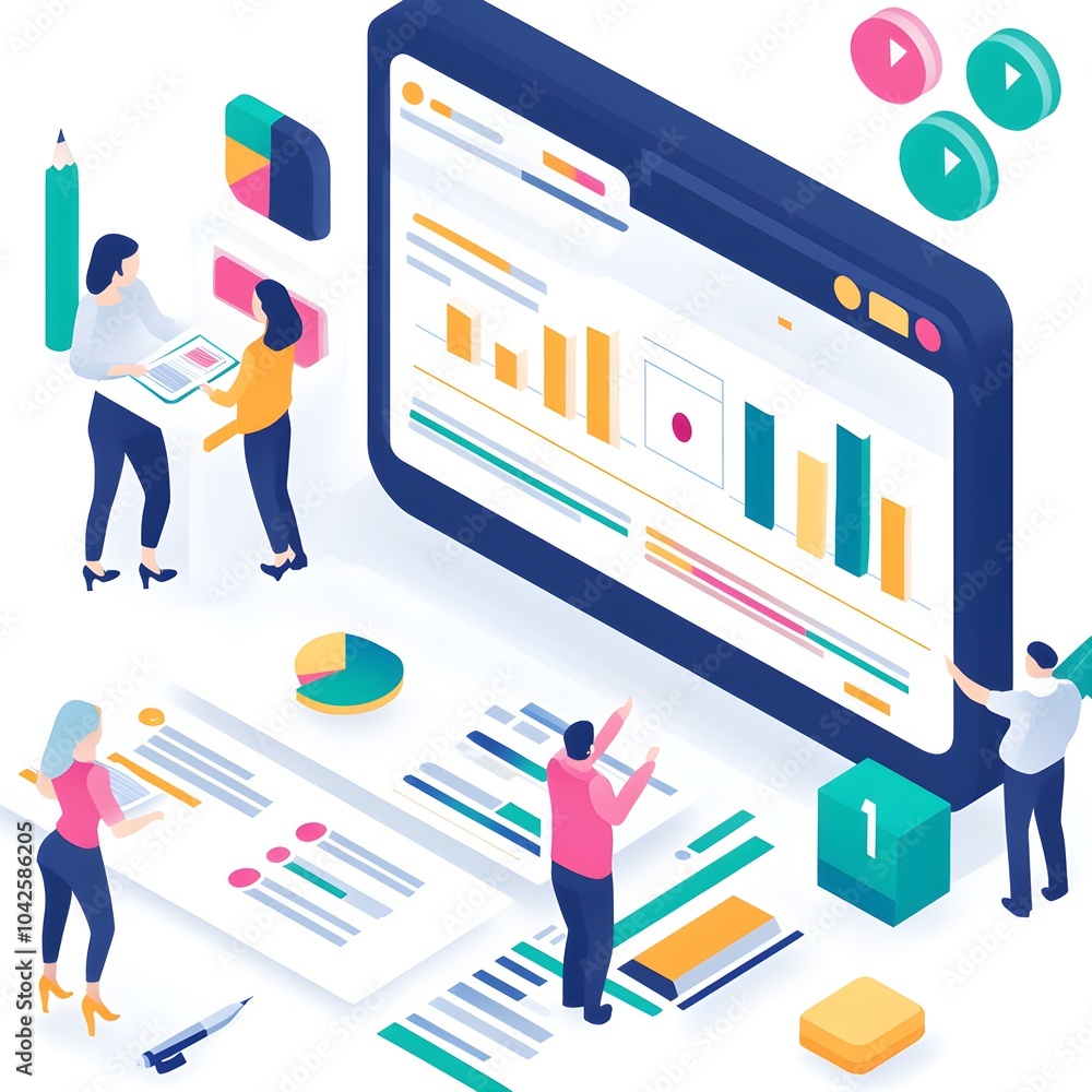 Poster business team analyzing data on a large screen with charts and graphs