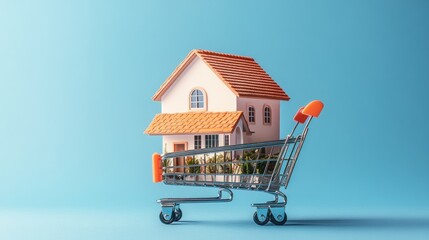 A miniature house in a shopping cart symbolizes real estate purchasing.