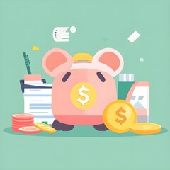 Piggy Bank Savings Concept with Dollar Coins and Documents