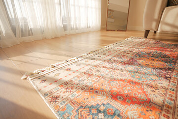 A vibrant geometric area rug enhances the sunlit ambiance of a modern living room space