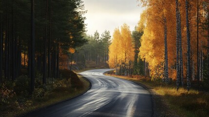 Fototapeta premium A winding road meanders through a valley filled with radiant autumn trees, their golden leaves glistening in the bright sunlight while snow dusts the mountain peaks in the background.