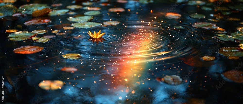 Poster a single yellow water lily floating in a pond with golden light reflections