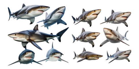 Realistic Shark Illustrations for Marine Projects, PNG collection, set bundle, isolate on transparent or white background