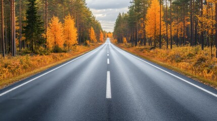 Fototapeta premium A winding road meanders through a valley filled with radiant autumn trees, their golden leaves glistening in the bright sunlight while snow dusts the mountain peaks in the background.