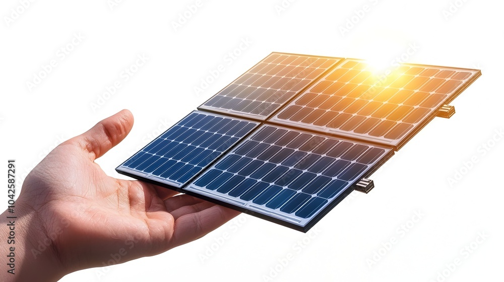 Poster holographic showcase of solar array components hovering over a minimalist hand