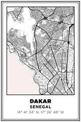 Obraz premium Black and white printable Street map art dakar city, Senegal. Travel poster with coordinates, poster design, Modern Poster Wall Art Home Decor Ready to Printable