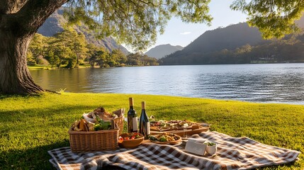 Scenic lakeside picnic setup on a grassy knoll with gourmet food and wine surrounded by lush nature and calm waters