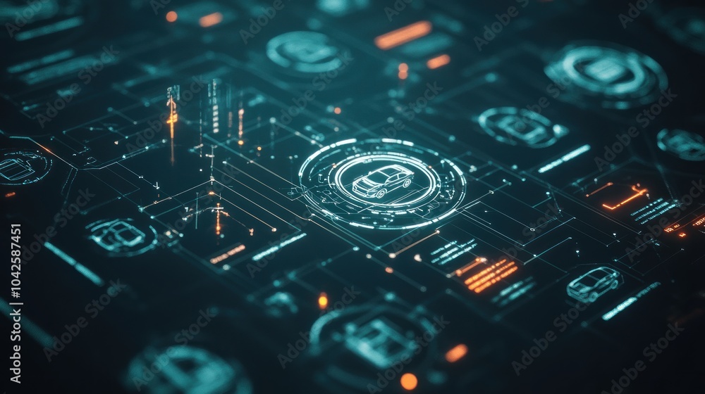 Poster futuristic digital interface with glowing elements and data visualizations.