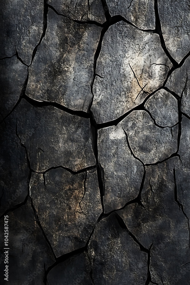 Poster a close-up of a dark, cracked surface, showcasing textures of deep fissures and subtle variations in