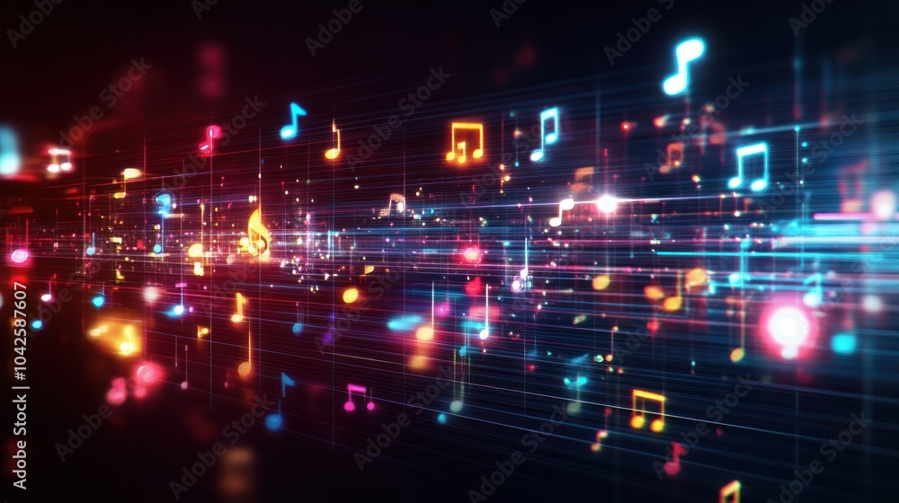 Poster a vibrant digital representation of music notes and sound waves in an abstract design.