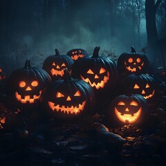 A dark scene with a group of glowing jack-o'-lanterns, each with uniquely carved spooky faces, set in a mysterious and eerie Halloween setting