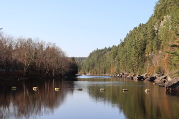 Obraz premium A lake in the forest. Peaceful and calm water. Reflection of the water. The national park of Portneuf in Quebec. Autumn background and outdoor activities. Environment and preservation of the nature.