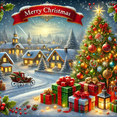 christmas tree with gifts and snowman