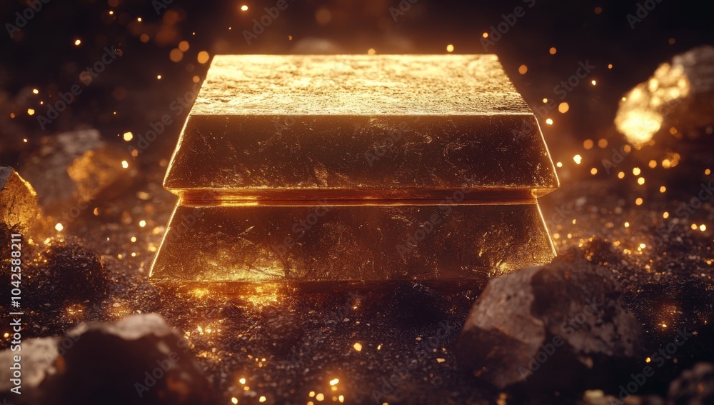Poster a gold bar resting on a pile of rocks with glowing particles in the background.