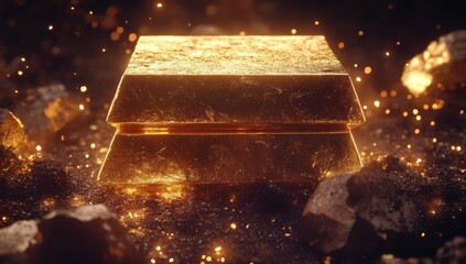 A gold bar resting on a pile of rocks with glowing particles in the background.