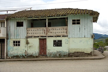 Wooden building with a balcony in the village of Cuellaje, Ecuador