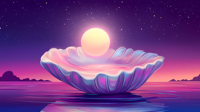 a huge pearl shell with a bright moon inside purple background