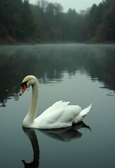 Obraz premium Natural Lighting Bliss: A White Swan in a Depressive Vintage Lake Environment