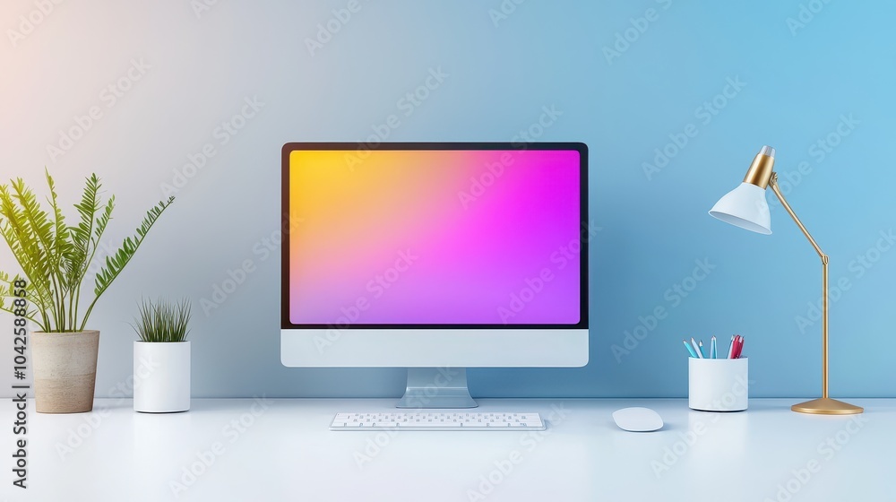 Poster customizable psd computer mockup with a vibrant screen, set in a modern workspace for professional p