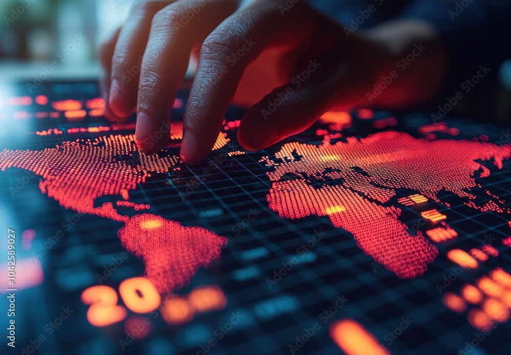 Poster Hand Interacting with a Digital World Map on a Screen