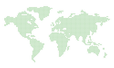 dotted World map vector, isolated background. Flat Earth, green map template for web site pattern, anual report, inphographics. Globe similar worldmap icon. Travel worldwide, map silhouette backdrop