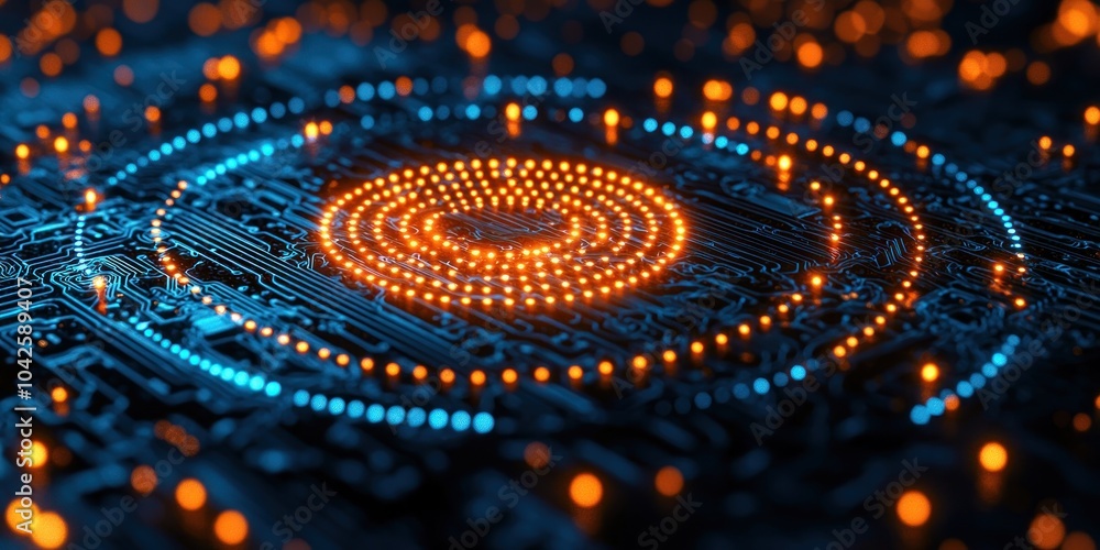 Poster abstract circuit board with illuminated orange and blue lights