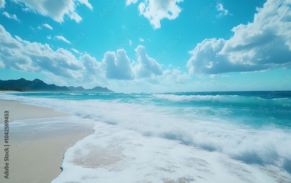 Aufkleber a serene beach scene featuring turquoise waves lapping against a sandy shore under a clear blue sky 