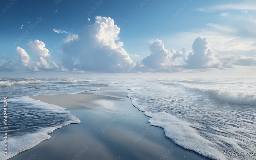 Aufkleber a serene seascape with gentle waves lapping at a sandy shore under a bright blue sky dotted with flu