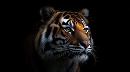 Naklejka premium A close-up of a tiger's face against a dark background, highlighting its features.