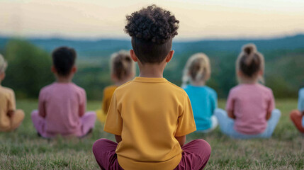 Diverse group of children practicing mindfulness meditation outdoors, promoting connection with nature