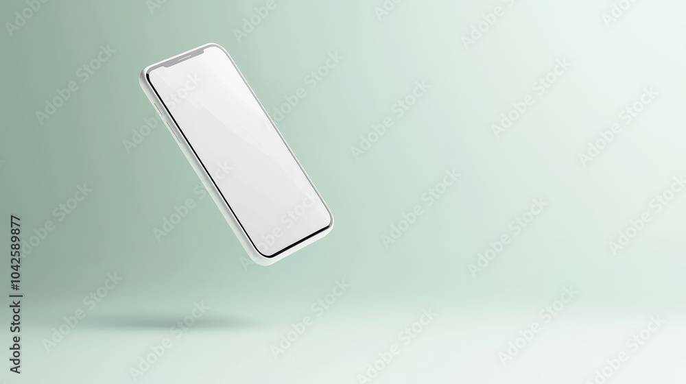 Poster floating mobile phone mockup with soft shadows, customizable screen for tech presentations.