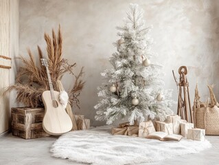 Fototapeta premium A serene Scandinavian-inspired living room embracing holiday charm with a frosted tree and warm textures, Generative Ai