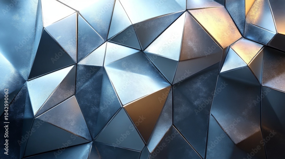 Poster The artwork features a complex arrangement of metallic triangular shapes that create a visually striking three-dimensional effect, reflecting natural light and evoking a sense of modern design.