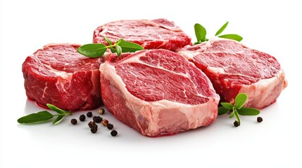 Fresh beef steaks on a pristine white background, highlighting their rich red color and quality for meat advertising.