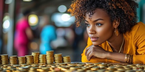 Young Woman with Curly Hair Gazing at a Pile of Coins