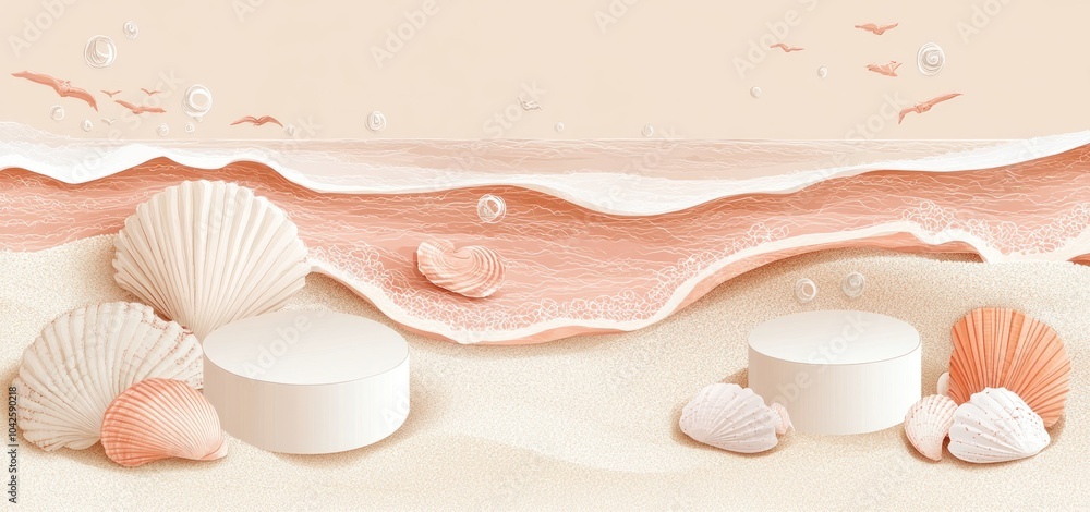 Poster abstract beach scene with shells and circular platforms, ideal for product display.
