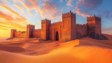 Fototapeta premium A majestic desert fortress at sunset, showcasing ancient architecture.