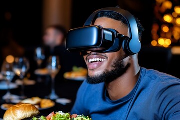 Virtual reality Ramadan gathering, with friends and family breaking the fast together in a futuristic digital environment