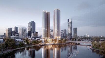 Fototapeta premium Stunning Cityscape with Majestic Skyscrapers Reflecting in Tranquil Water