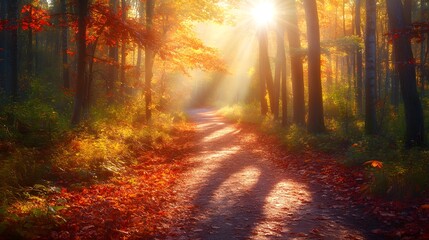 Obraz premium Breathtaking forest path winding through autumn foliage with vibrant colors and sunlight filtering through creating a serene atmosphere