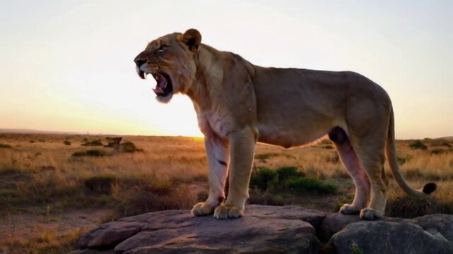 A lion stands atop a rocky outcrop in the African savannah, roaring powerfully