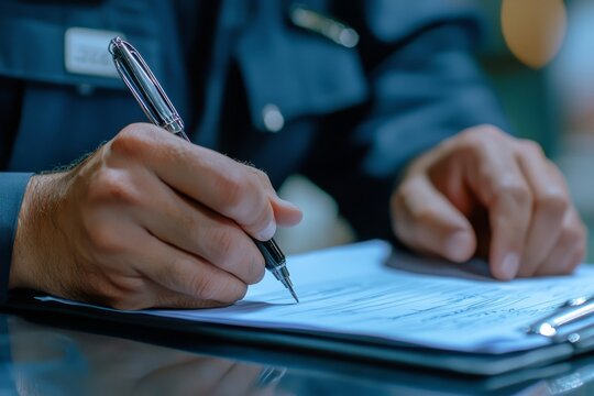 Show a customs officer documenting findings in a report. They are writing down details about the inspection results, Generative AI