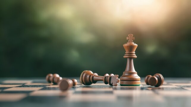 Wooden chess king standing victorious among fallen pieces on a chessboard illustrating strategy, success and overcoming challenges in life