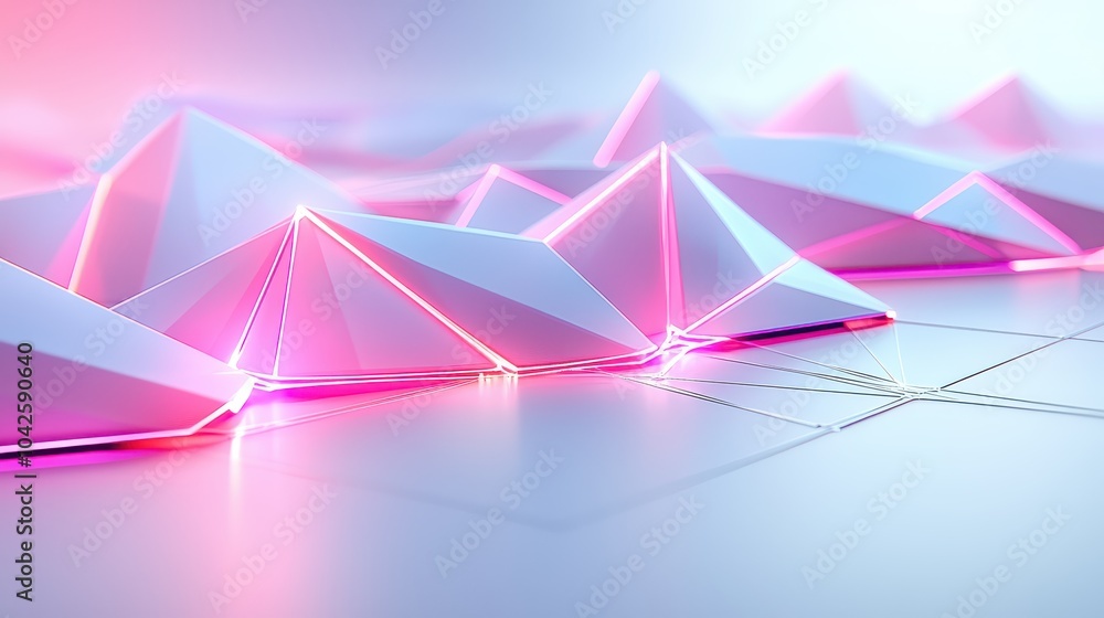 Poster geometric low-poly technology shapes glowing softly in a dynamic abstract digital pattern.