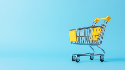 A small shopping cart on a blue background, symbolizing retail and shopping convenience.
