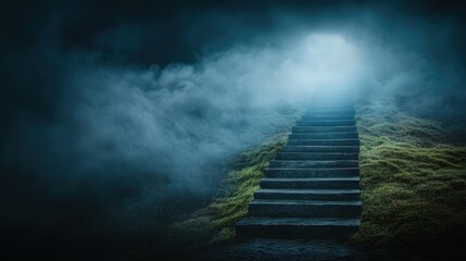 Staircase ascending through mist towards a bright light symbolizing spiritual journey, growth, and moving towards new opportunities